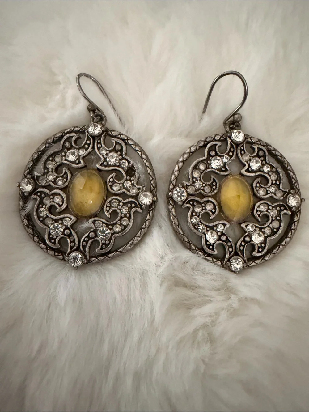 Vintage-Style Yellow Stone Filigree Drop Earrings